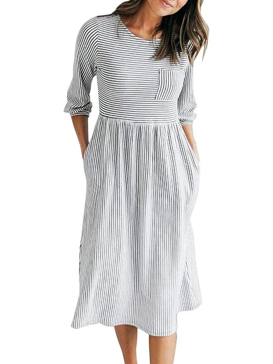 Merokeety Dresses & Skirts - Merokeety Dress Size Small Black White Striped Midi 3/4 Sleeves Chest Pocket